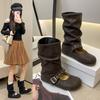 One-pedal medium boots women's autumn new short boots belt buckle thick-soled round head sleeve fashion boots