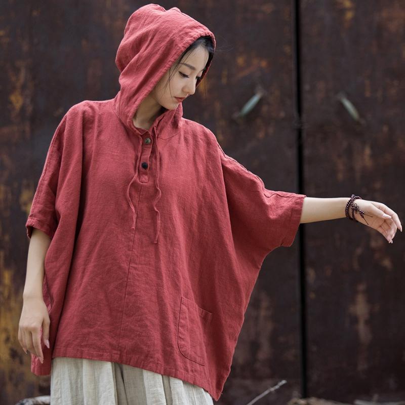 Johnature Women Vintage Ramie Hooded T-Shirts Half Sleeve Solid Color Tees Summer Loose Pockets Button Women T-shirts