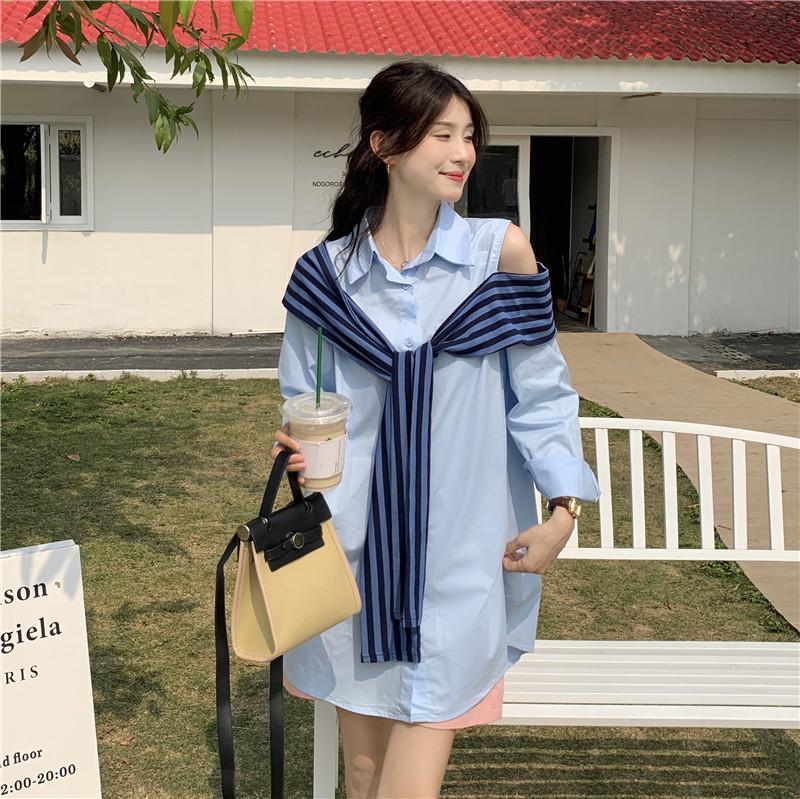 Fake Two Off-the-shoulder Polo Dress Women's Early Autumn Platycodon French Shawl Medium and Long Sexy Striped Shirt Skirt