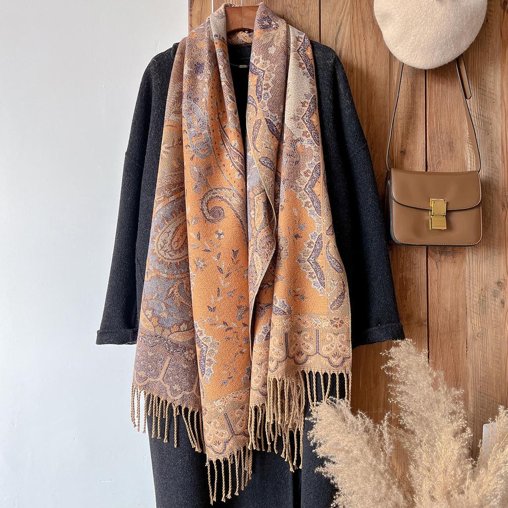 Brand Fashion Women's Winter Cashmere Wrap - Vintage Oil Painting Floral Printed Tasseled Pashmina Thick Shawl, Scarf & Echarpe