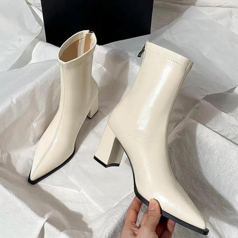 Autumn Winter Fashion Thick Heel Slim Ankle Boot Women Pointed Toe Zipper Shoes Mordern Short Booties  De Mujer