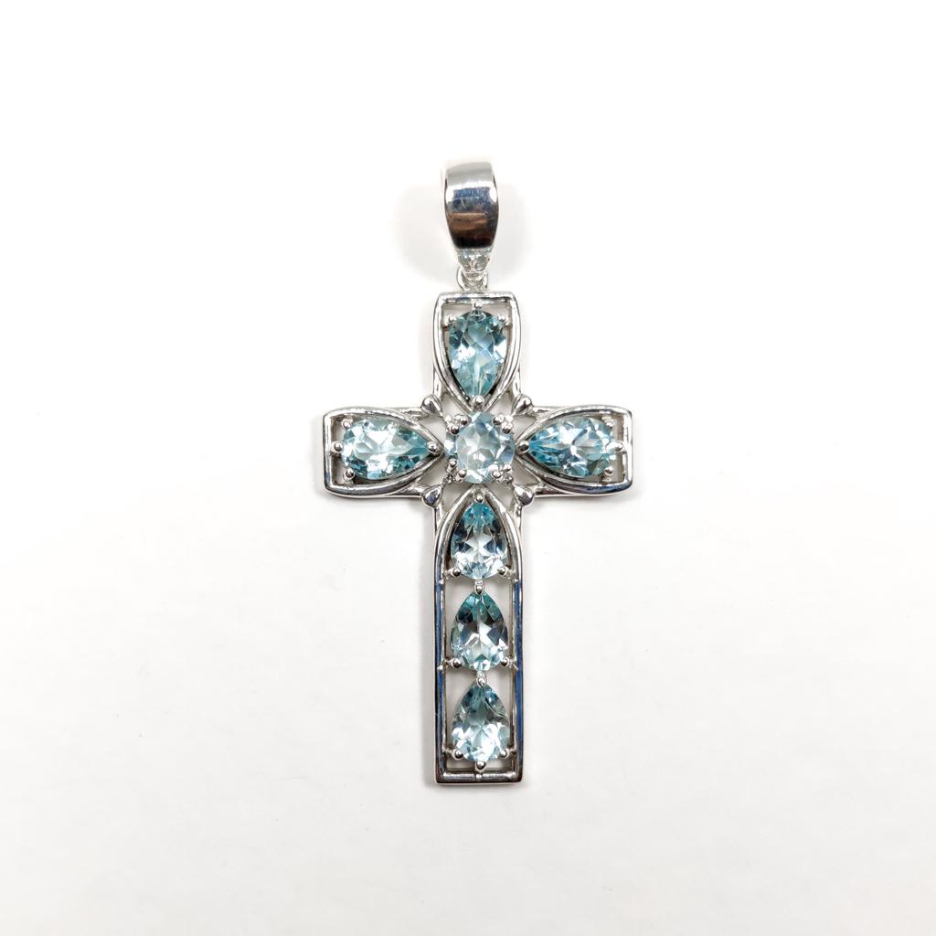 Pendentif Croix Topaze Bleue: Bijoux Religieux en Argent Sterling