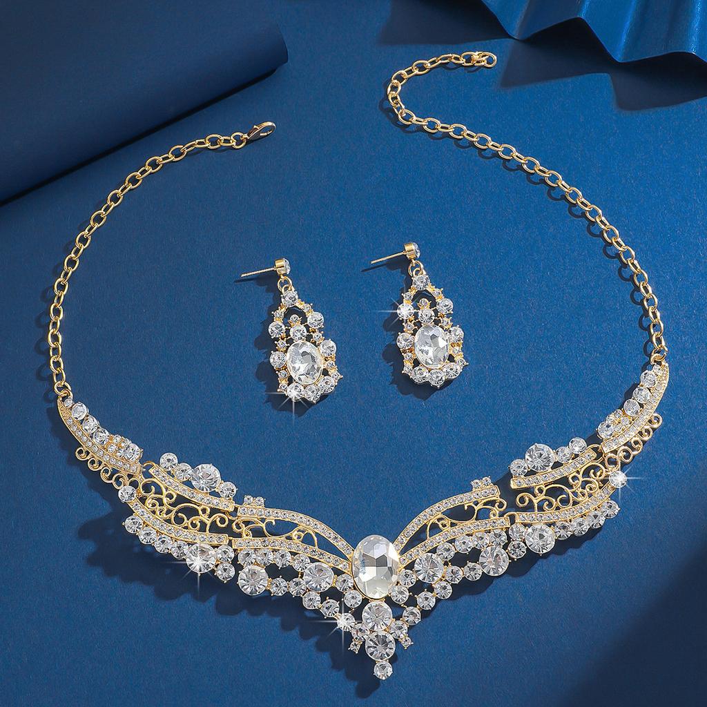 Bridal Jewelry Two-Piece Set Alloy Diamond Necklace Evening Dress Earrings Set Yiwu Jewelry