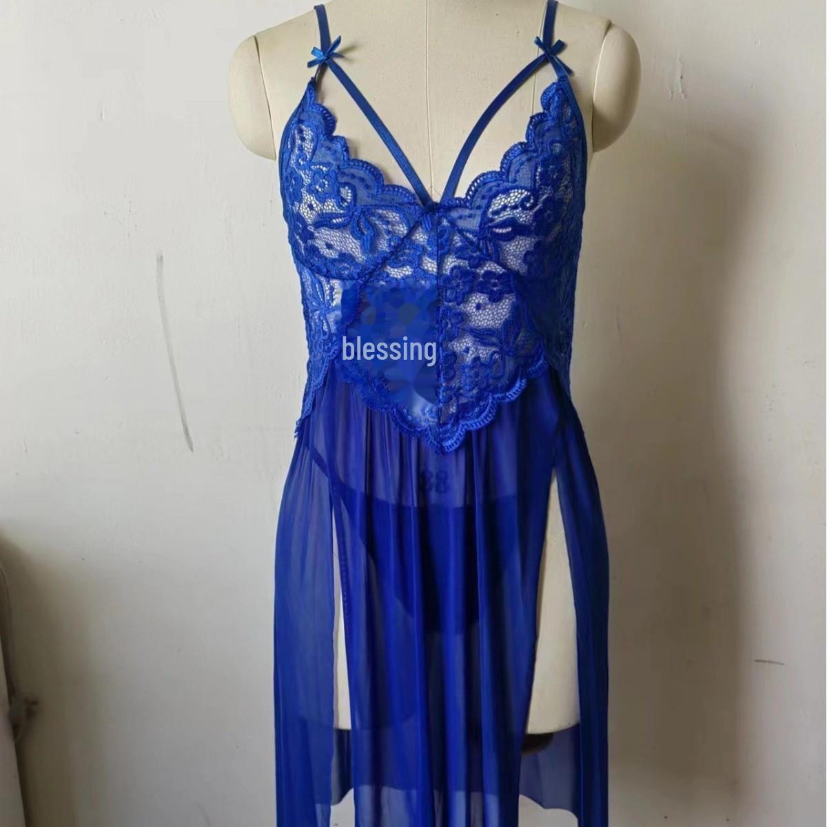 

Европейская и американская сексуальная кружевная ночная рубашка - прозрачное нижнее белье больших размеров с подтяжками XXXL королевский синий
