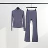 Womens Stand Collar Jacket Flared Pants Set Casual Sporty All-Match Yoga Outfit