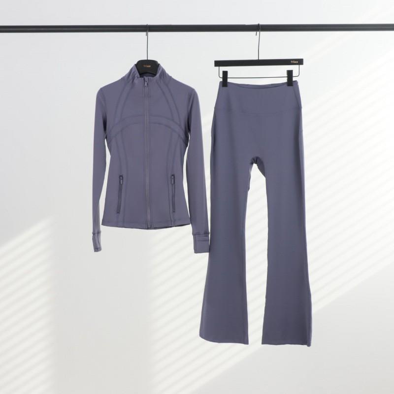 Womens Stand Collar Jacket Flared Pants Set Casual Sporty All-Match Yoga Outfit