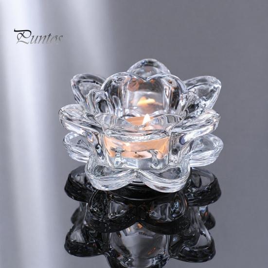 Decorative Glass Candle Holder Crystal Lotus Flower Tealight Holders, Tea Light Candlestick Decor Thick with Deep Grooved Plate, Multifunctional