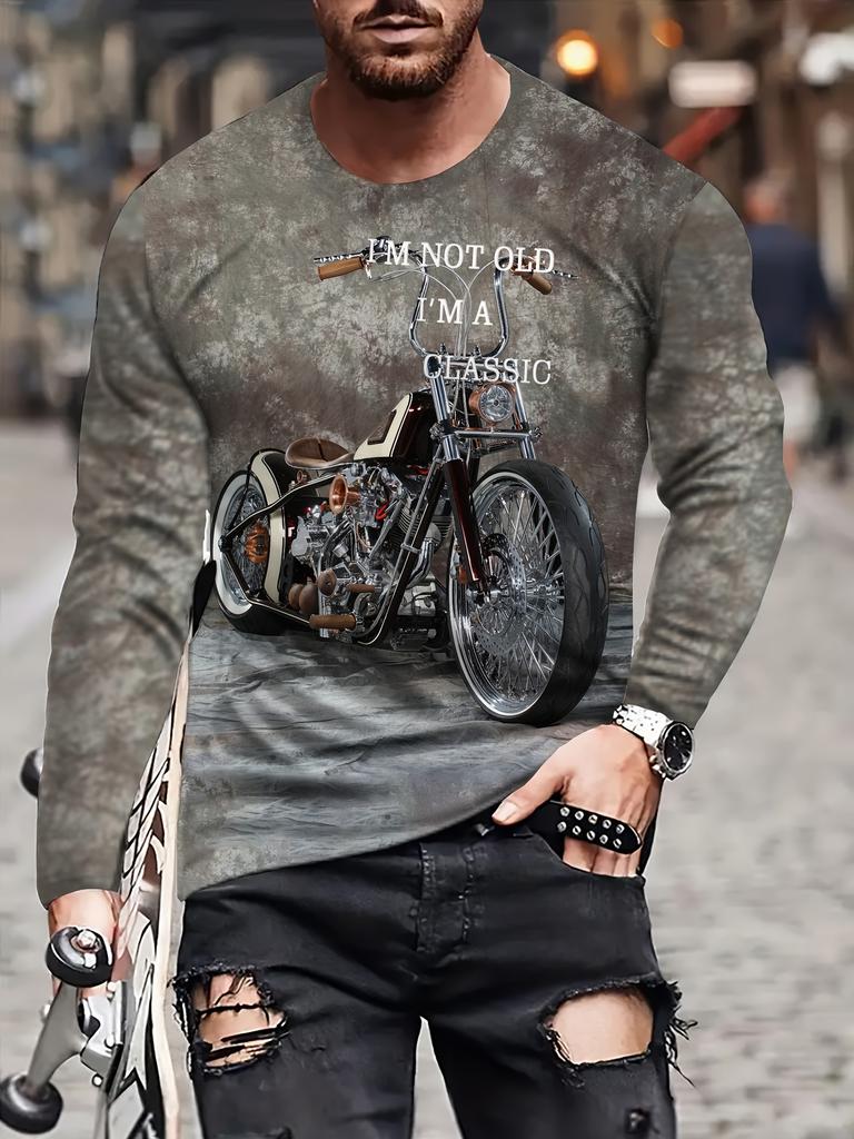 Men Classic Motorcycle Printed Long Sleeve Tee Soft Breathable Autumn Top