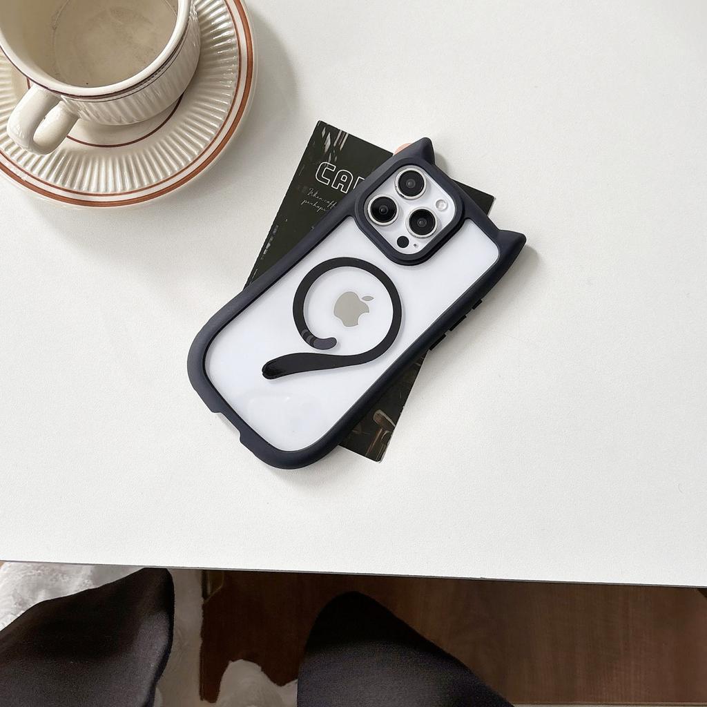 Applicable to iPhone17PRO mobile phone case ins wind cat ears magnetic charging Apple 16/15 hard case acrylic E