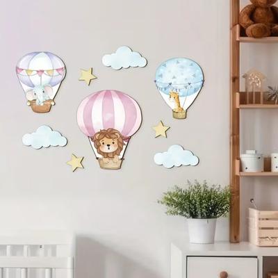 9 Pcs Hot Air Balloon Wall Decor with Clouds Stars Boho Wooden Nursery Wall Art for Living Room Bedroom Classroom Playroom