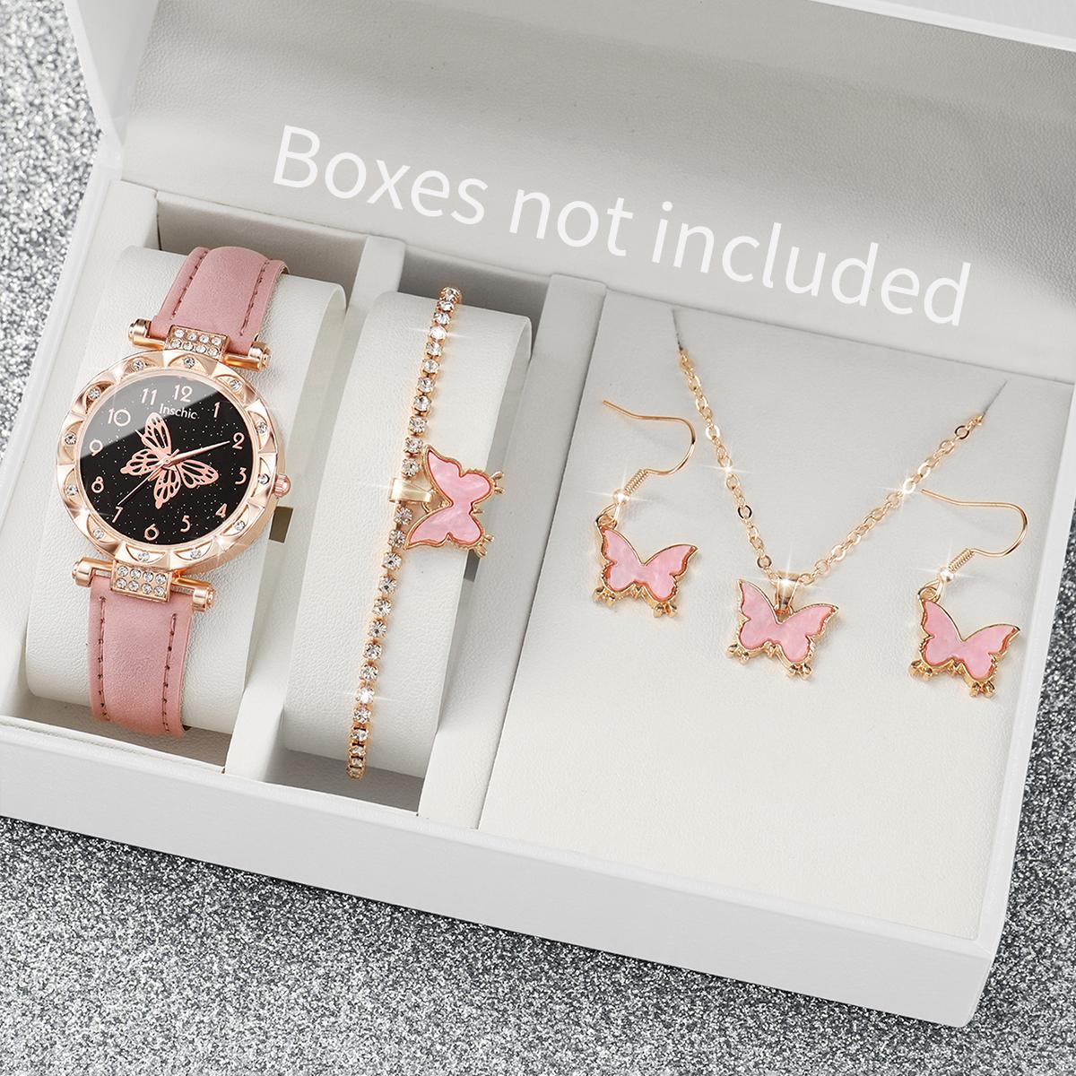 5pcs/set Women s Fashion Watch Set Butterfly Dial Pink Watch Casual Exquisite Watch with Butterfly Bracelet Necklace Earring Set