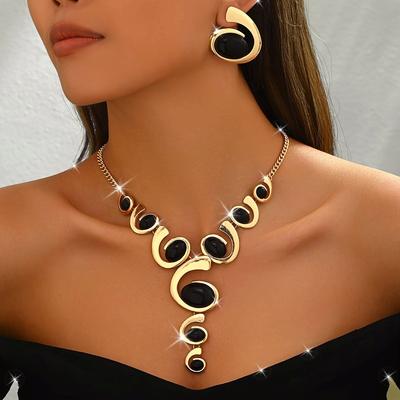 1 Set Boho Classic 2pcs Women'S Jewelry Set, Spiral Snail Shape with Black Rhinestone Inlay, Y-Necklace and Earrings