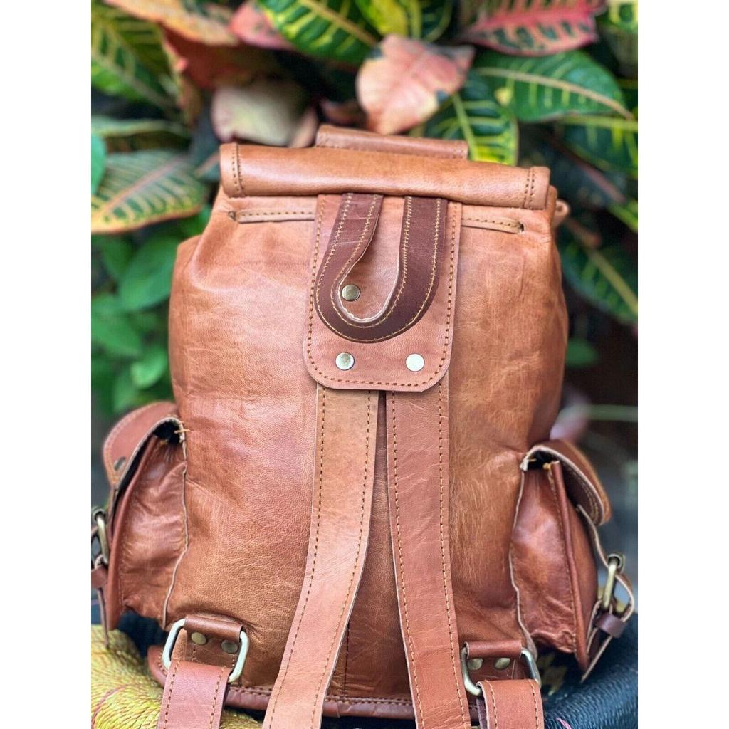 Leather Goat Backpack Bag Genuine Travel Laptop Men's Brown Rucksack Vintage