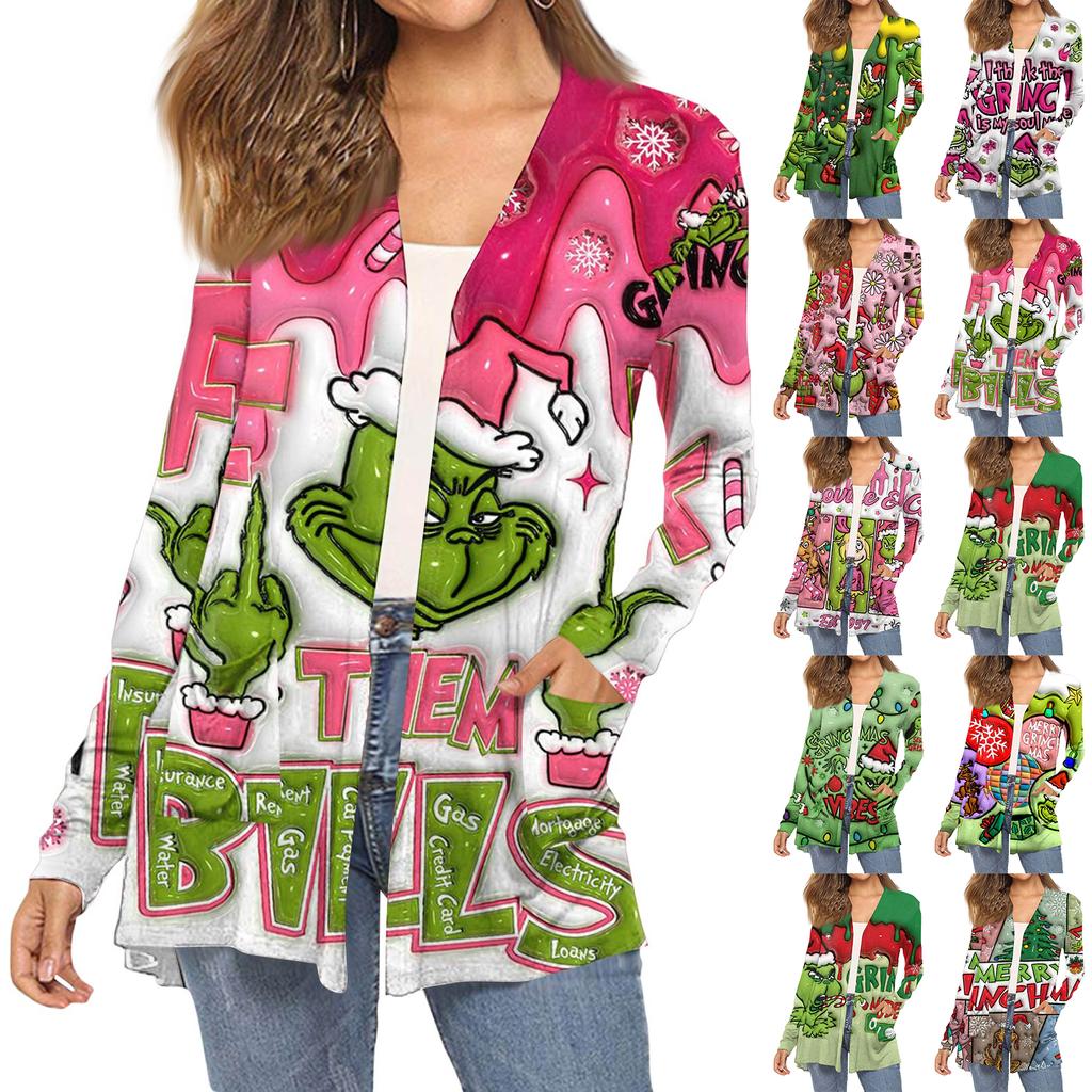 Women's Fashion Christmas Print Long-Sleeved Pocketed Slim-Fit Cardigan Coat