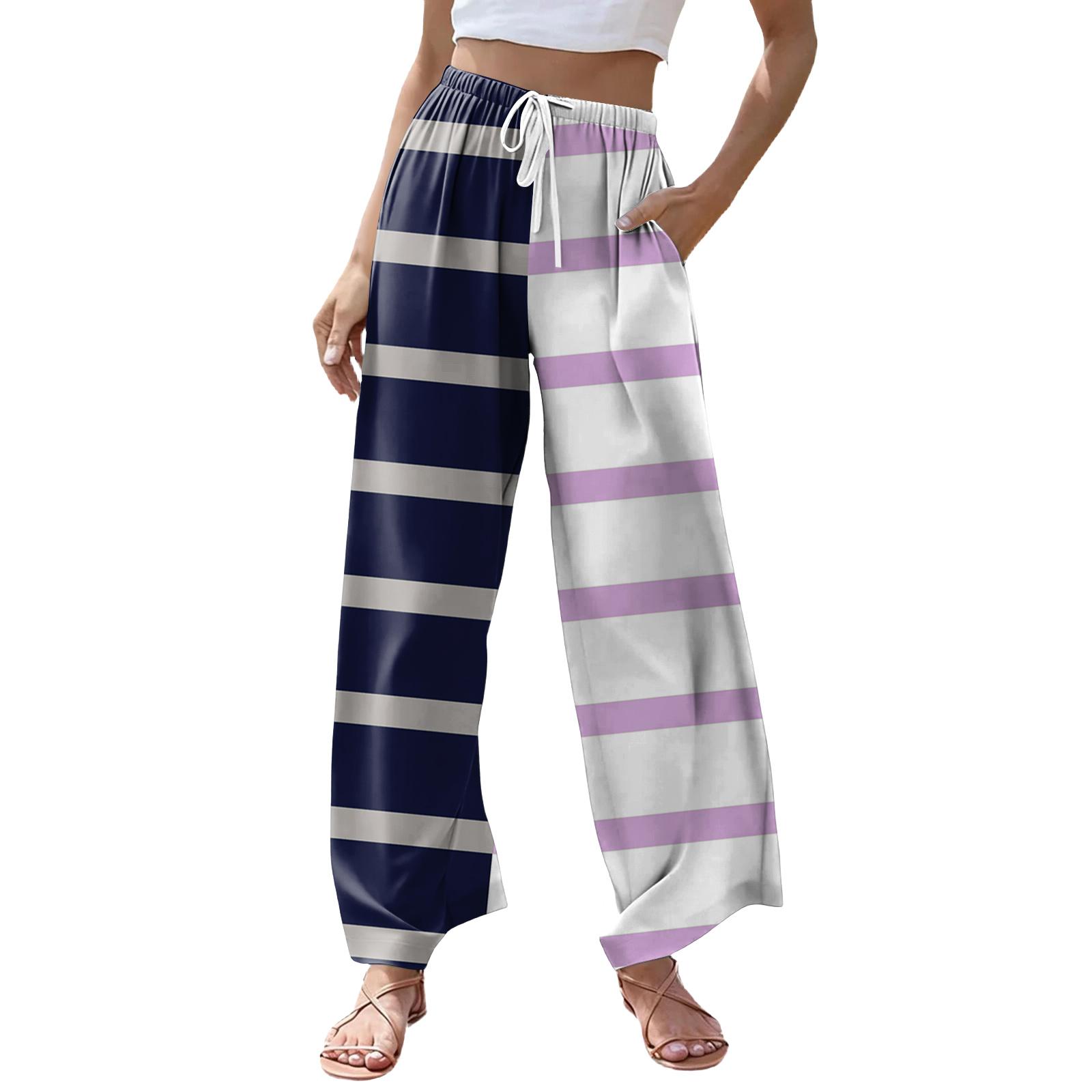 

Women s Casual Striped Plaid Wide Leg Drawstring Pocket Beach Casual Pants XL білий
