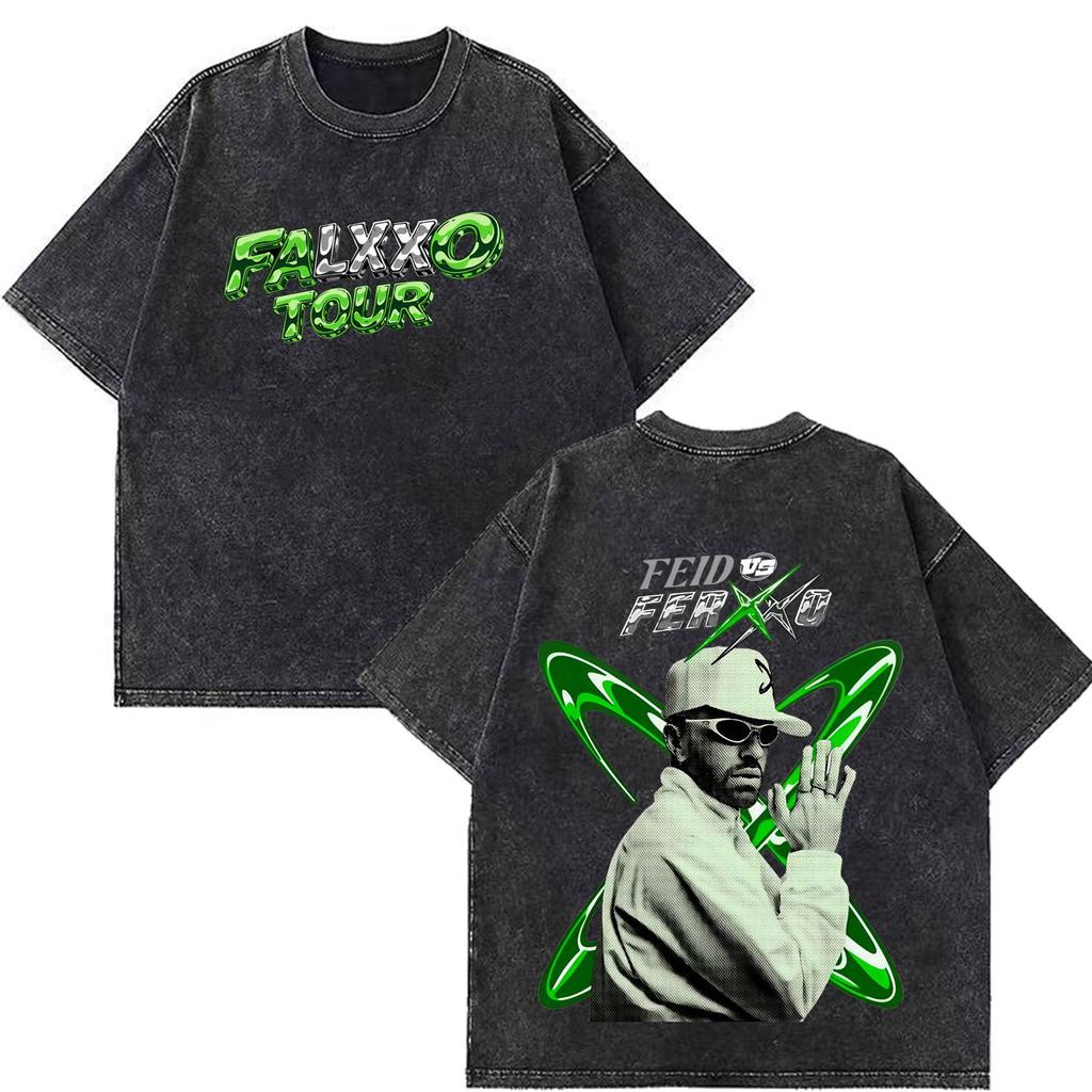 Rapper Feid Ferxxo Falxxo Tour 2026 Print Vintage Washed T-Shirt Herren Mode T-Shirt Kurzärmelig Lässig Baumwolle Lockere T-Shirts