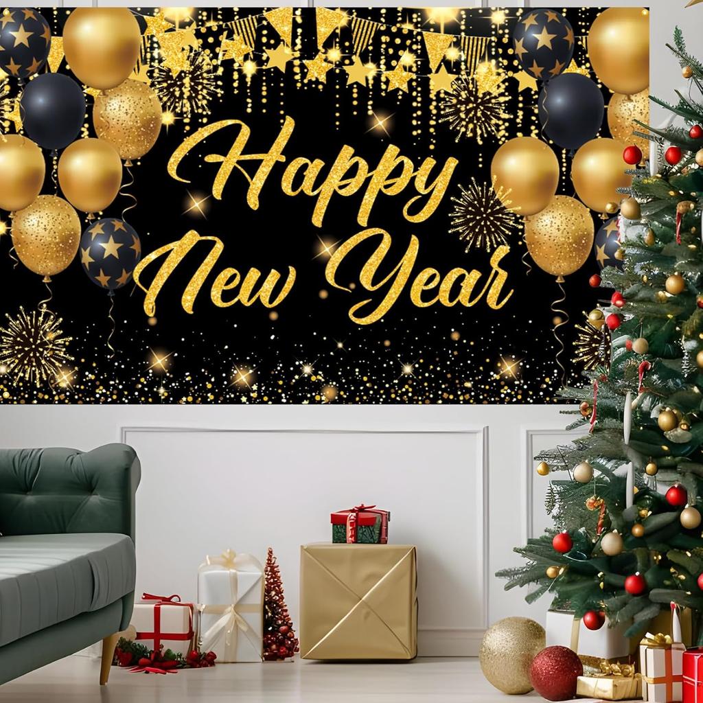 Large New Years Eve Banner, Black Gold Happy New Year 2026 Banner Backdrop, NYE Birthday Party Decorations Photo Background for Friend, Family,