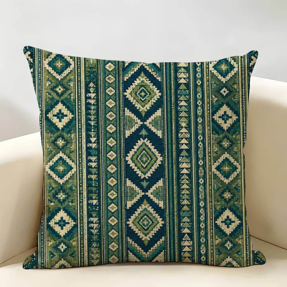 Blue Green Striped Diamond Pattern Cushion Cover Natural Linen Organic Fabric Double-Sided Printing Breathable For Home Decor