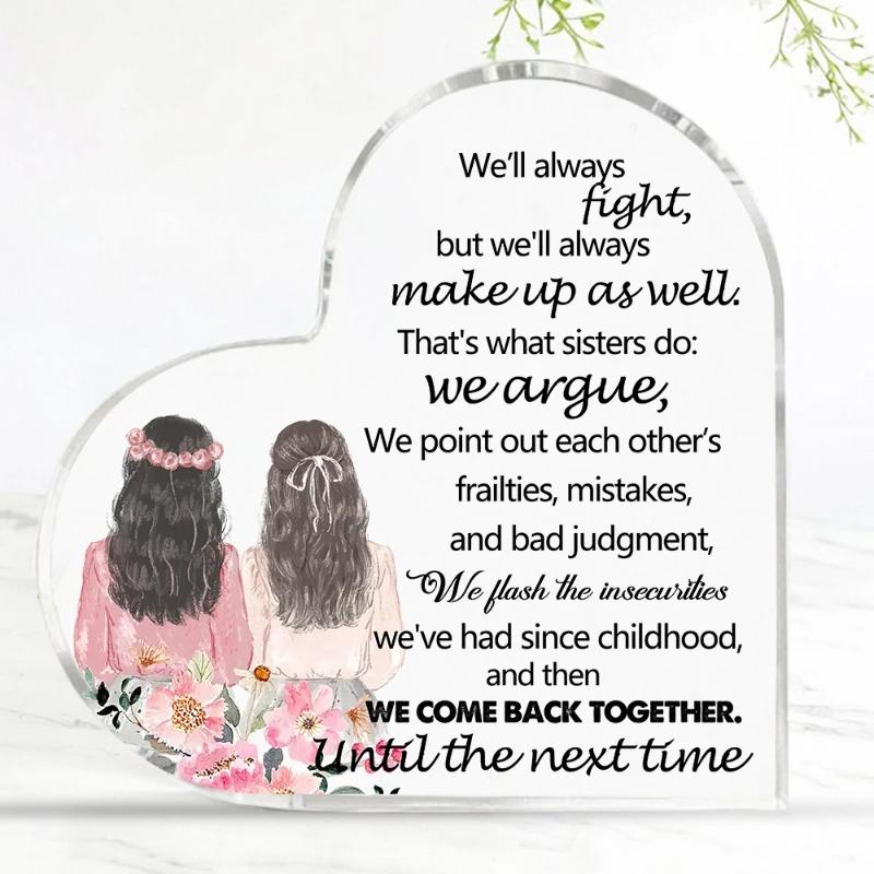 2D Flat Acrylic Heart Sister Gift Desktop Decoration Plaque, Home Decor Plaque Hanging Wall Art Decorative Garden Decoration for Room Door Signs Hangi