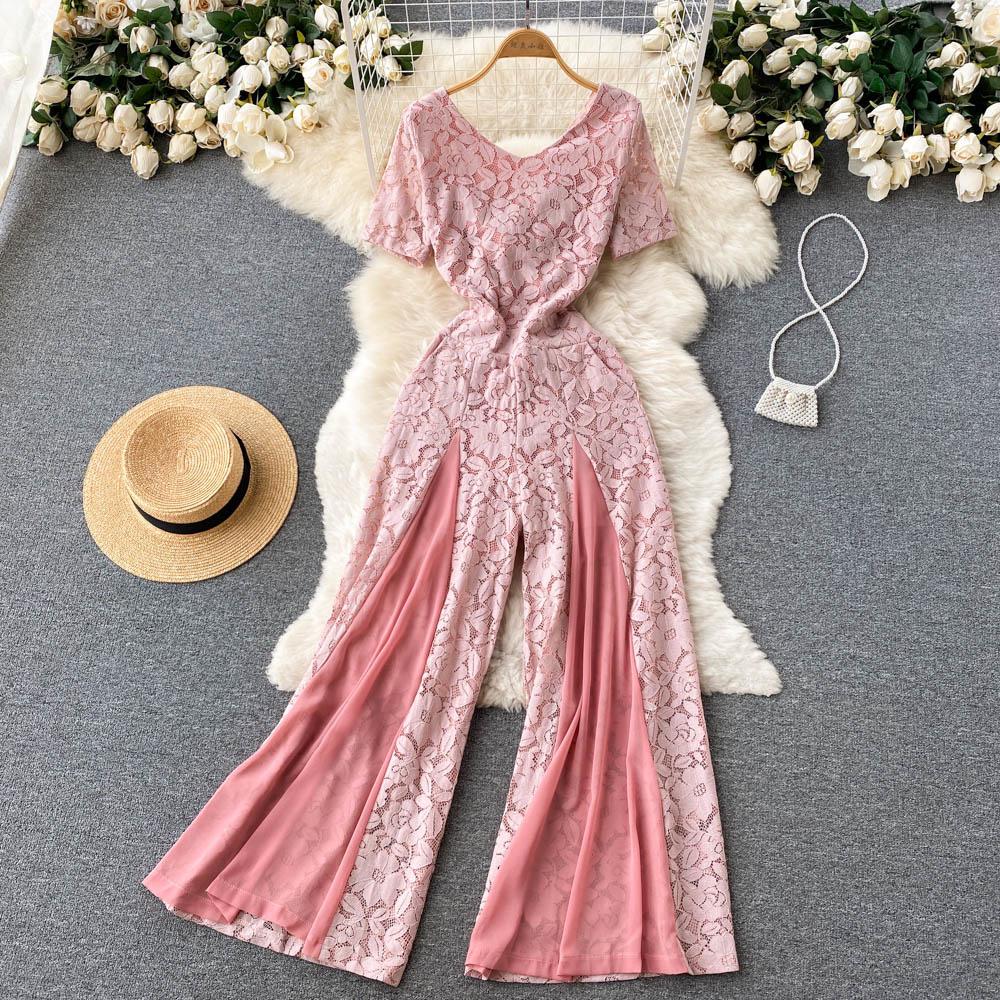 

Лето Женщины Цветочные кружева Комбинезоны Элегантный O-образный вырез Короткий рукав Шнуровка Спина Без спины Шифон Пэчворк Широкие ноги Длинные брюки Комбинезон