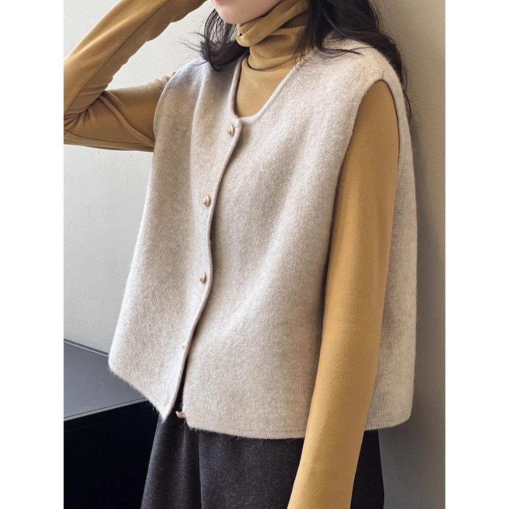 Crew Neck Women's Korean Solid Button Short Sleeve Cardigan Coats Sweater Knitted Sleeveless Ladies Elegant Tanks Bottoming