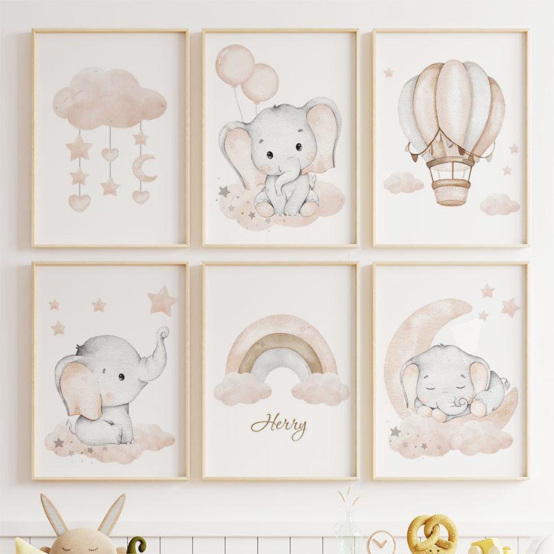 Cute Elephant Hot Balloon Moon Rainbow Cloud Nursery Wall Art Canvas Painting Posters And Prints Pictures Baby Kids Room Decor