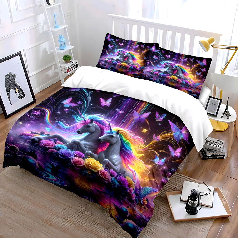 3Pcs Enchanted Unicorn Bedding Set, Rainbow Unicorns With Neon Butterflies Print Duvet Cover, Whimsical Bedroom Decor
