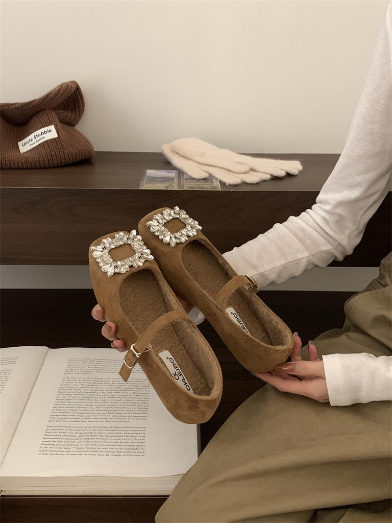 Women's Temperament Mary Jane Shoes Women's Velvet French Evening Breeze Square Head Rhinestone Woolen Shoes Women's Winter Flat Shoes