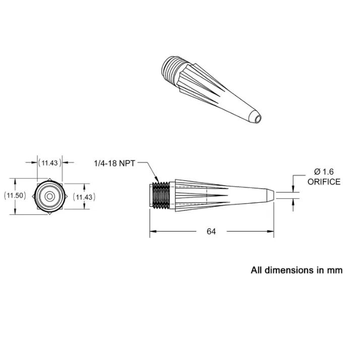 Techcon Dispensing Nozzle, 1/4-18 Npt Thread, Hdpe, 1.6 Outlet, 50.8 Length