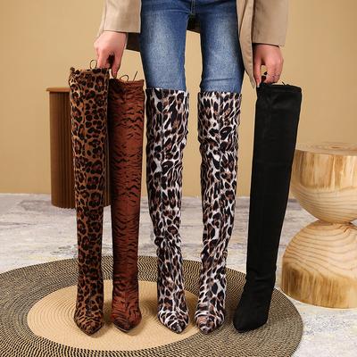 Damenmode Leopardenmuster Overknee-Stiefel Herbst Winter Hohe Stiefel Spitzschuh Stretchgewebe Damen High Heels Bottes Femme