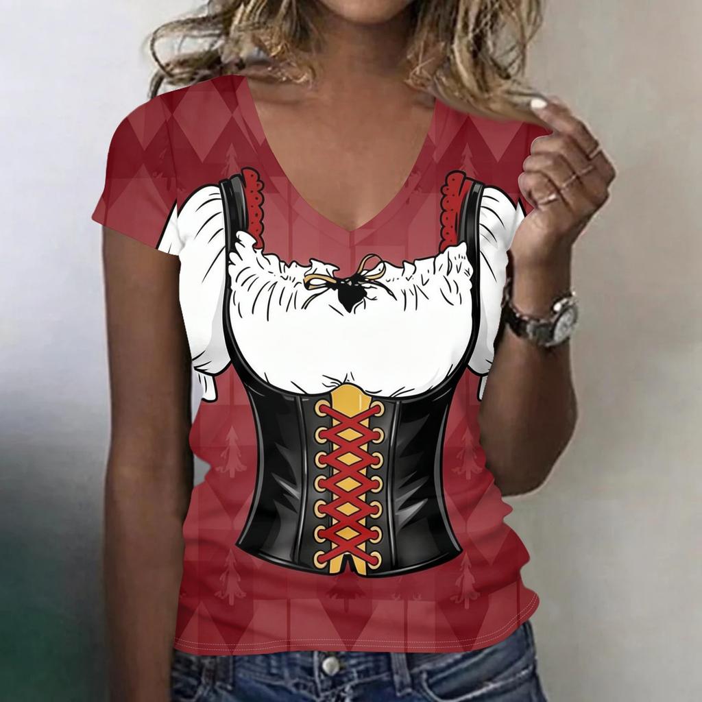 Camiseta casual de manga corta con cuello en V para mujer, top con estampado de Oktoberfest, tejido ligero y suave, ajuste cómodo, camiseta de verano