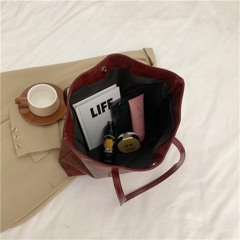 New women's simple large-capacity tote bag retro solid color trendy casual portable shoulder