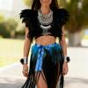 Conjunto de Fantasia para Performance de Festival Capa de Ombro com Penas Pretas Saia com Franjas Bordadas para Carnaval Shows de Dança Tribal Unissex