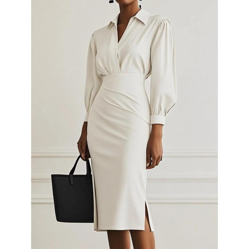 Elegant V-Neck Solid Color Wrap Waist Pleated Knit Midi Dress Women 2025