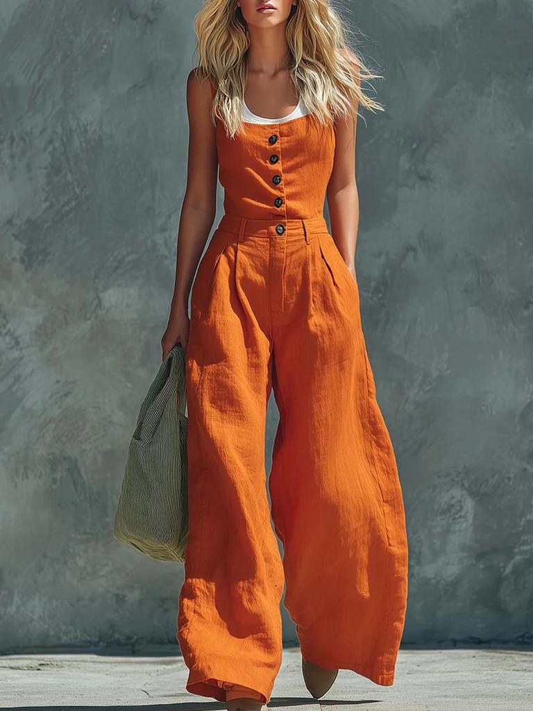 1116 European and American New Models, Retro Button Front Open Placket High Waist Wide Leg Jumpsuit