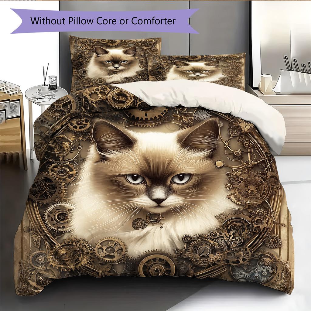 Gear Cat Pattern Bedding Quilt Set Quilt Cover Pillowcase Home Decoration Gift (1 * duvet cover + 2 * pillowcase, without core)