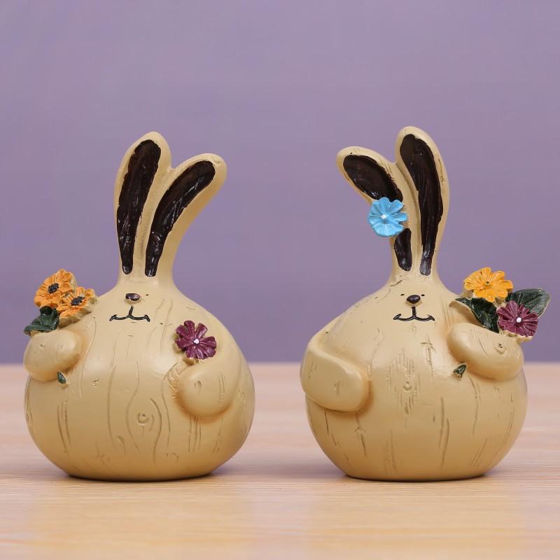 Bunny Rabbit Resin Figurines Statue with Flowers Cute Animal Easter Garden Home Decorations Easter Gift