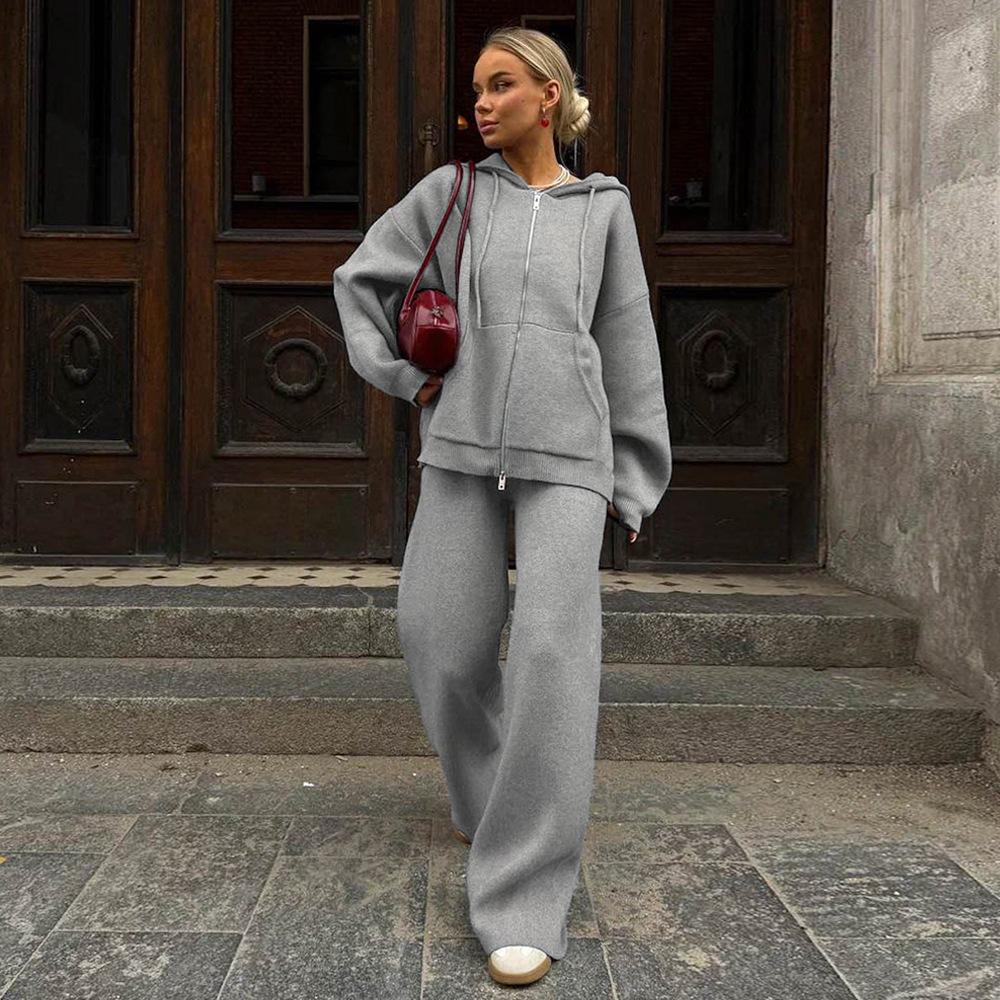 European & American 2026 Autumn/Winter New Zipper Hooded Knit Cardigan Wide-Leg Pants Lazy Style Two-Piece Set