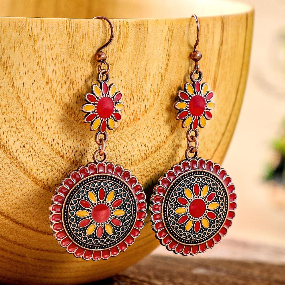 12 Colors Ethnic Vintage Enamel Sun Flower Earrings for Women Elegant Fresh Dangle Earrings Boho Vacation Party Jewelry
