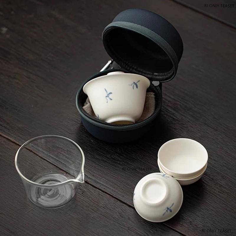 Chinesisches tragbares Reise-Keramik-Teeservice Handbemalte Orchidee Gaiwan Teetassenset Glas Fair Cup Schönheits-Tee-Sieb Handgefertigtes Geschirr