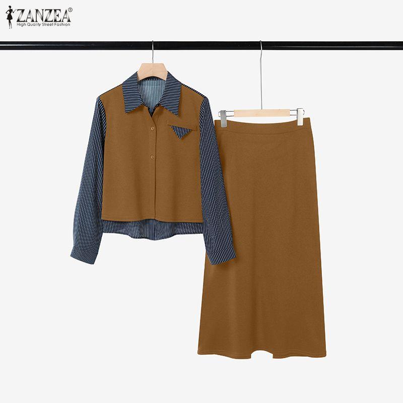 ZANZEA Women Splice Long Sleeve Blouse and Skirts Casual Two Piece Suit Sets