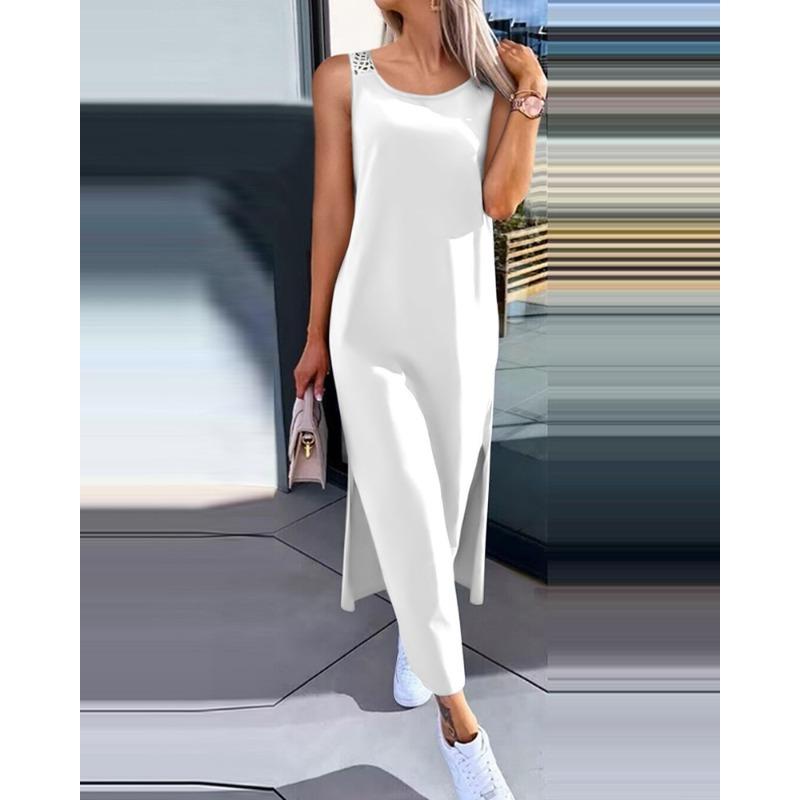 QICED Women's Fashion Summer Spring O-Neck Sleeveless Solid Color Print Casual Dresses Casual Chic