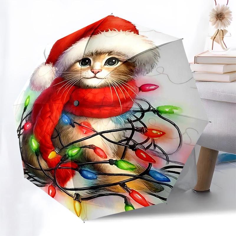 

1pc Christmas Santa Cat Automatic Opening/Closing Umbrella, Festive Gift for Fans, Travelers & Daily Use, Portable 3-Fold Design with Iron Frame.V056