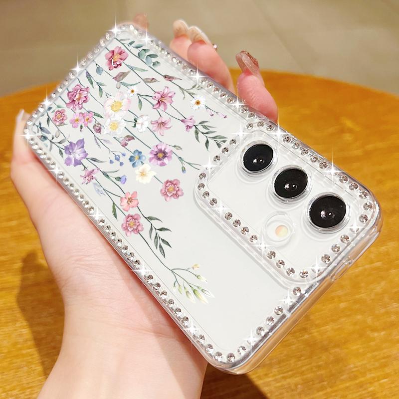 Silver Rose Flowers Diamond Case For Samsung Galaxy S25 Edge S24 Ultra S23 S22 S21 FE A54 A15 A35 A55 A16 A26 A36 A56 5G Capa