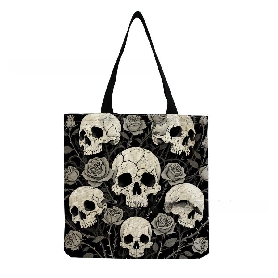 Women Vintage Linen Tote Bag - Large Capacity Skeleton Print Shoulder Handbag for Casual & Grocery Shopping KTB