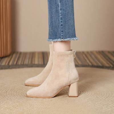 Fashion Women's Boots French Retro Comfort Faux Suede Short Boots Square Toe  Winter New Zipper High Heels Elastic Boots Botas Mujer