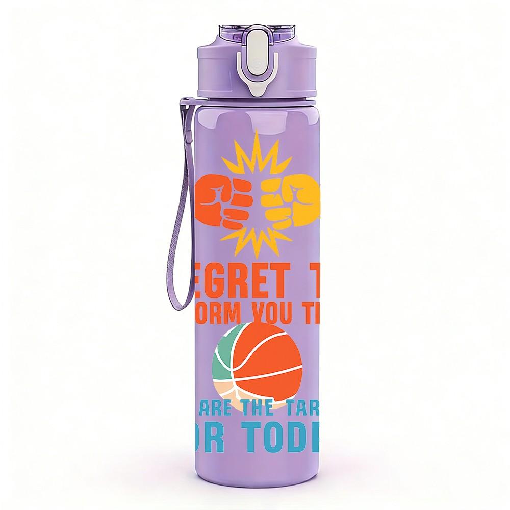 1PC Regret To Miss Basketball Letter 750ml Color Plastic Sports Water Bottle Leakproof Flip Straw Lid Suitable for Sports Office Home Use