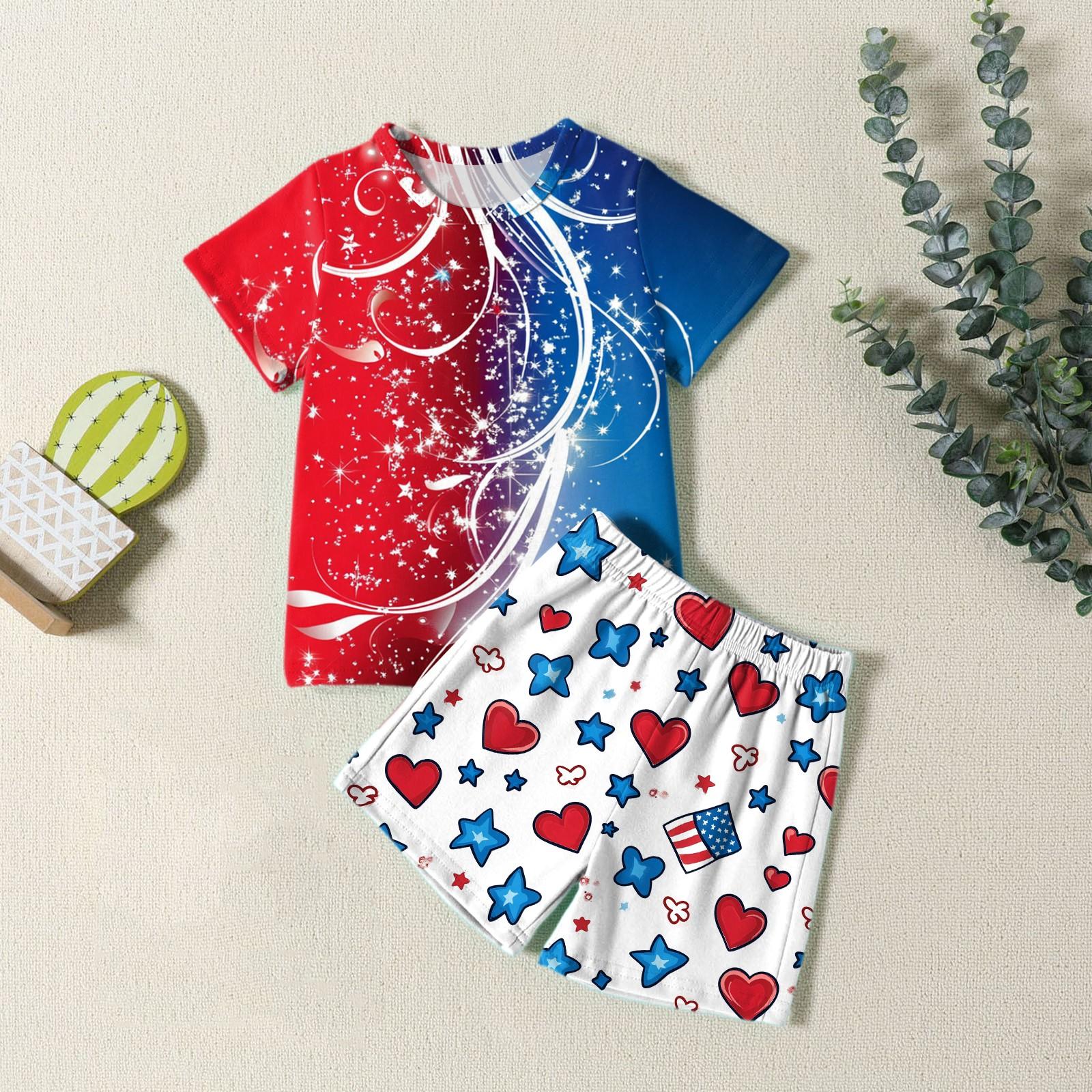 

Мода для мальчиков девочек Повседневный комплект ко Дню независимости: футболка с круглым вырезом и короткими рукавами, шорты 140 красный