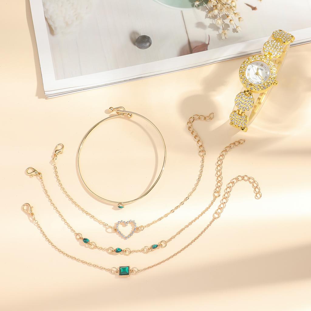 Ladies' New Noble Style Round Diamond Dial Steel Strap Quartz Watch Heart-shaped Bracelet Emerald Bracelet Personalized Bangle H