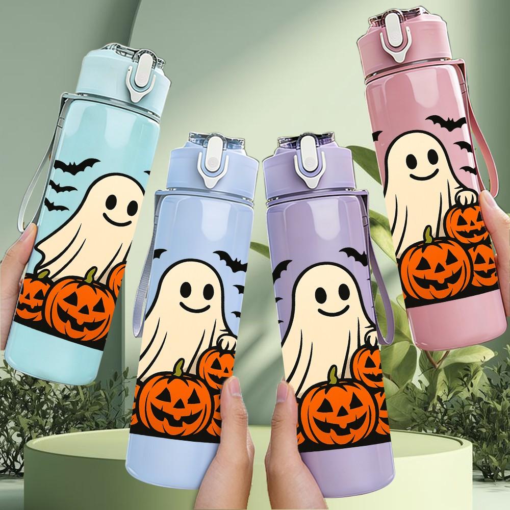 1PC Ghost Pumpkin Halloween 750ml Color Plastic Sports Water Bottle Leakproof Flip Straw Lid Suitable for Sports Office Home Use